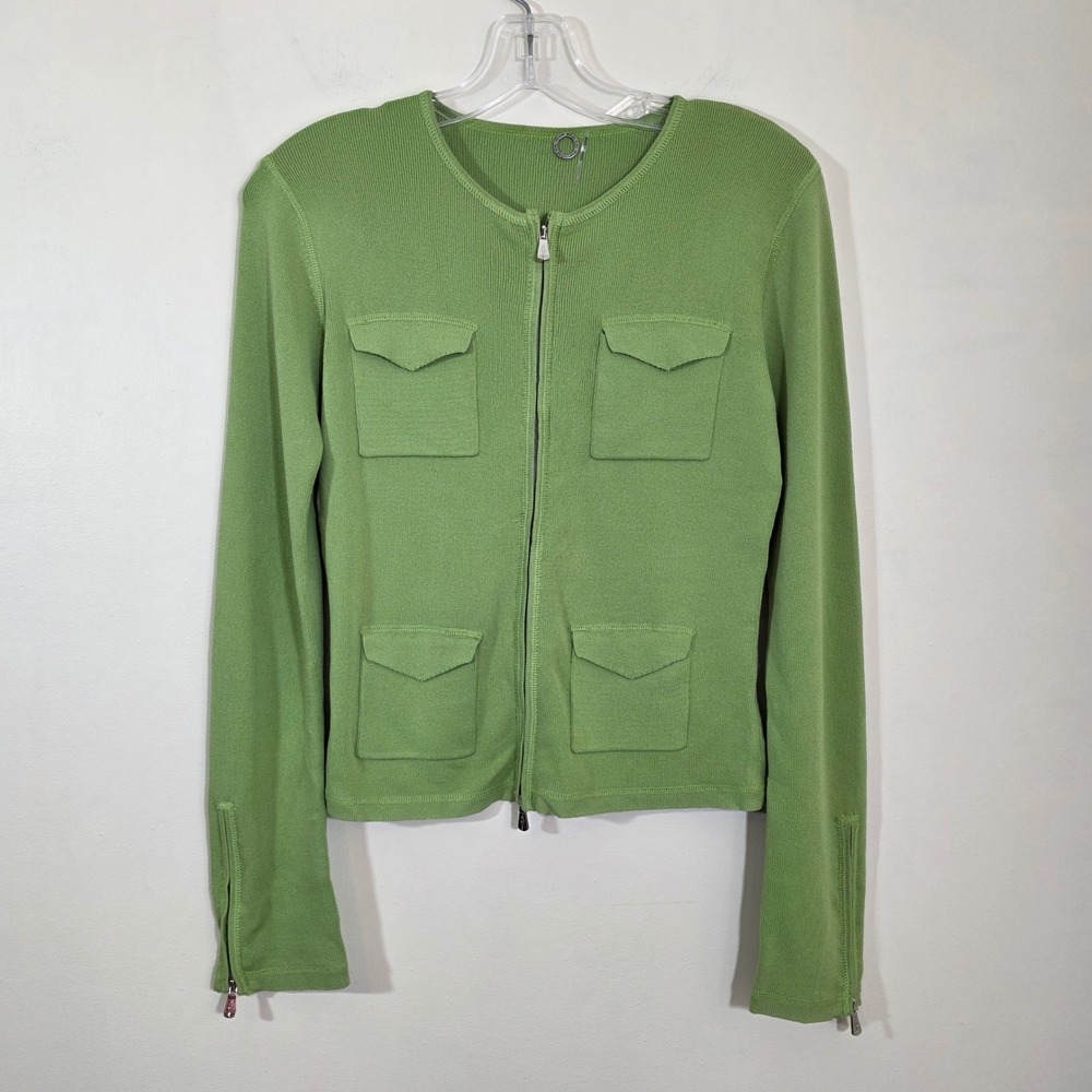 One Girl Who Women Cardigan Green Ribbed Knit Zip Front Cargo Pocket Small S Y2K